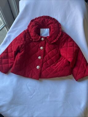 Edgehill Collection Red Quilted Jacket with Ruffle Collar and Pearl Buttons